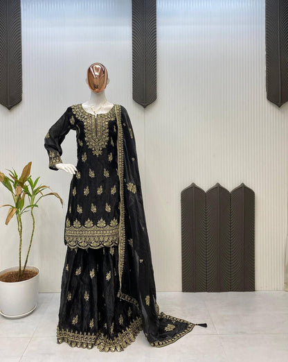 Designer And Elegance Pleated Palazzo Suit In Three Piece With Embroidery Work