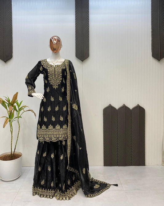 Designer And Elegance Pleated Palazzo Suit In Three Piece With Embroidery Work