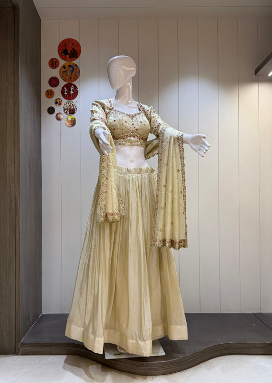 Pure Simmer Tissue Silk Skirt With Heavy Can Can And Canvas Work Lehenga Choli