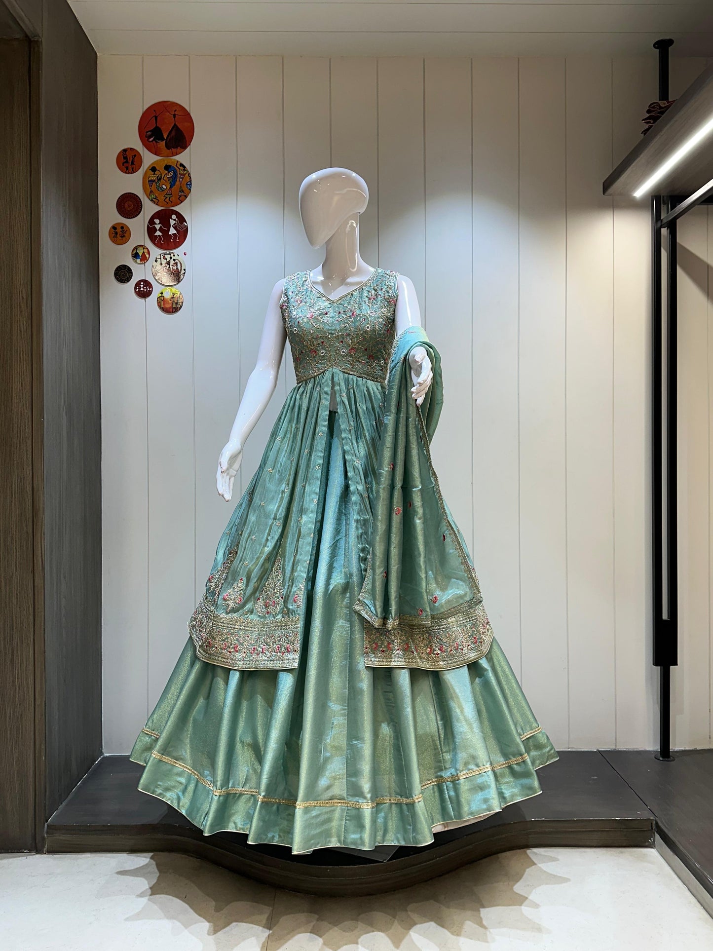 Pure Tissue Silk Chaniya With Long Jacket Concept Crop Top Embroidery Work Chaniya Choli Patola Lehenga