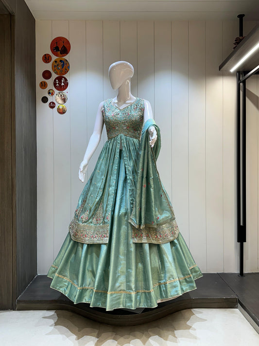 Pure Tissue Silk Chaniya With Long Jacket Concept Crop Top Embroidery Work Chaniya Choli Patola Lehenga