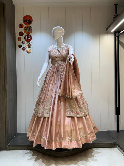 Pure Tissue Silk Chaniya With Long Jacket Concept Crop Top Embroidery Work Chaniya Choli Patola Lehenga