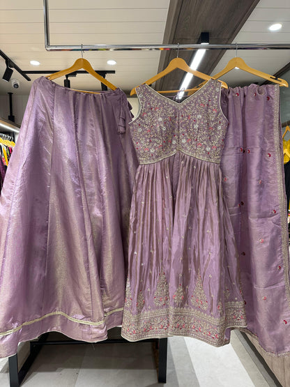 Pure Tissue Silk Chaniya With Long Jacket Concept Crop Top Embroidery Work Chaniya Choli Patola Lehenga