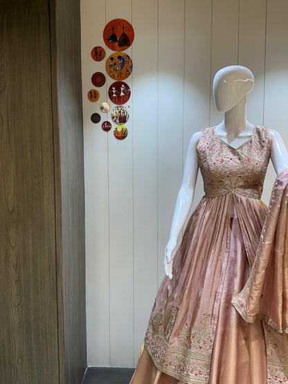 Pure Tissue Silk Chaniya With Long Jacket Concept Crop Top Embroidery Work Chaniya Choli Patola Lehenga