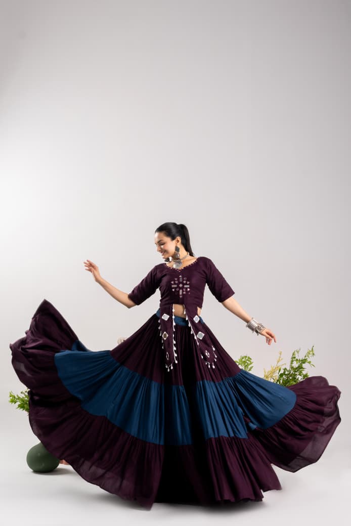 Pure Rayon Cotton Navratri Lehenga Choli With Real Mirror Work Adding A Touch Of Glamour