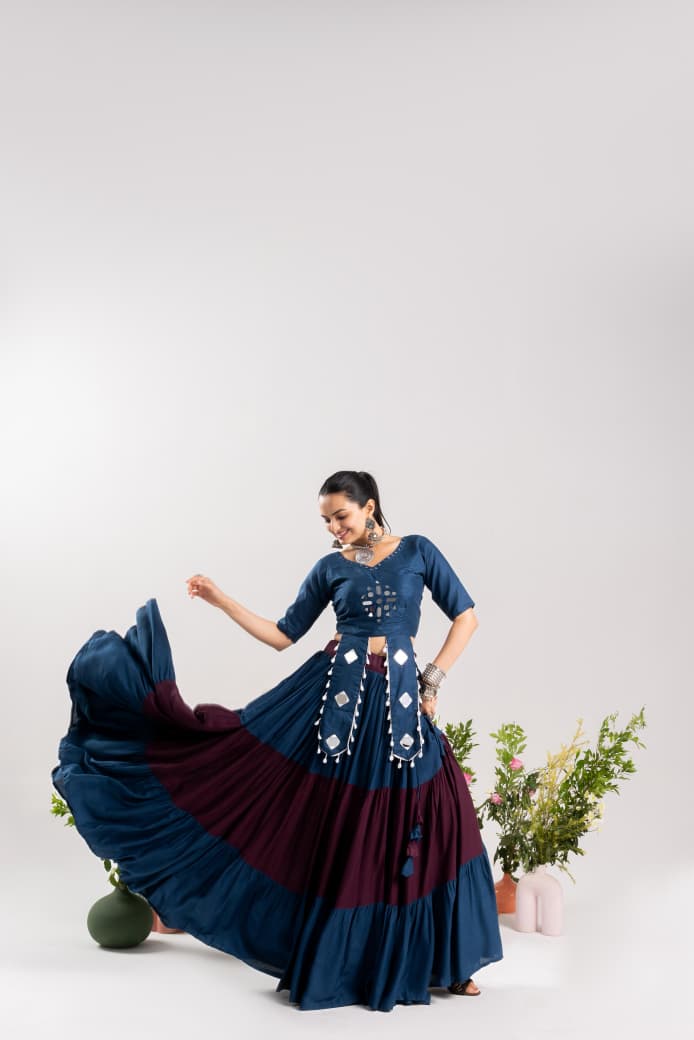 Pure Rayon Cotton Navratri Lehenga Choli With Real Mirror Work Adding A Touch Of Glamour