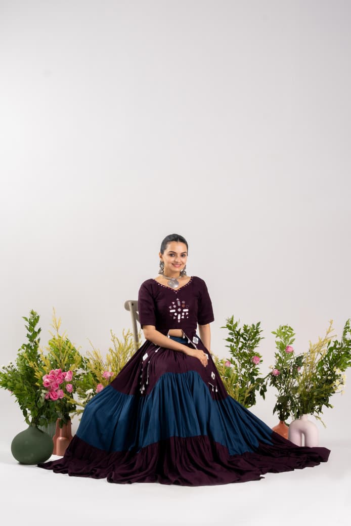 Pure Rayon Cotton Navratri Lehenga Choli With Real Mirror Work Adding A Touch Of Glamour