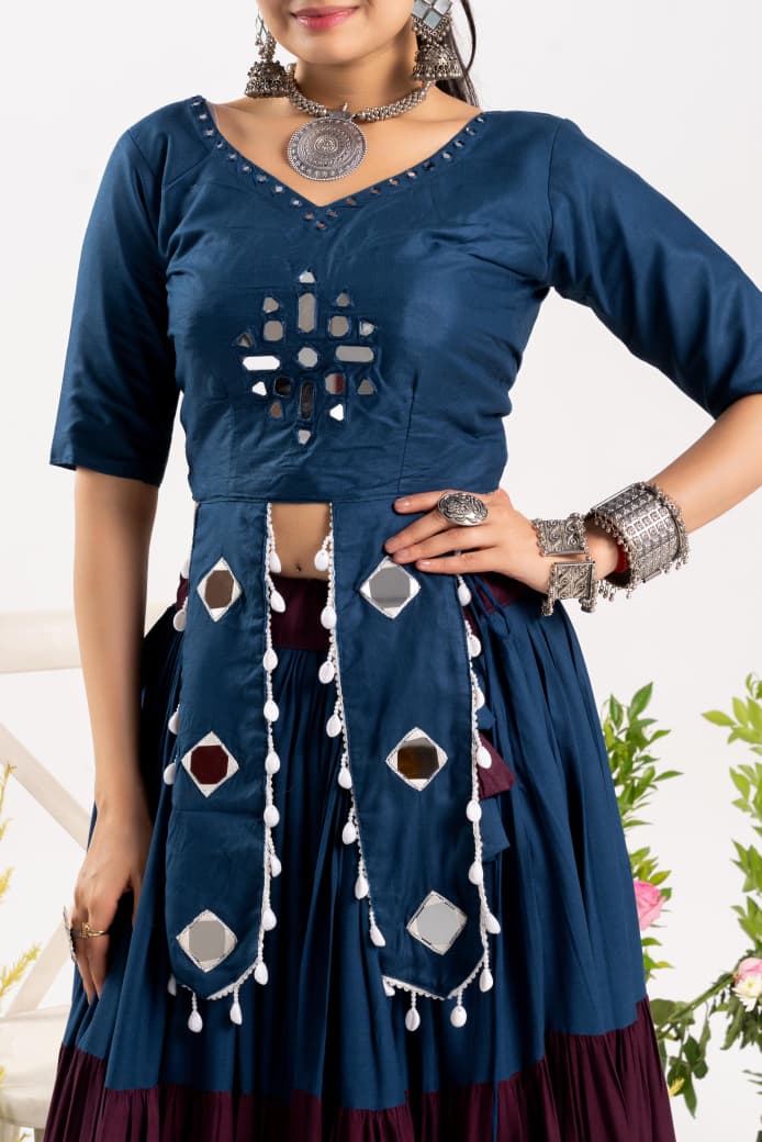 Pure Rayon Cotton Navratri Lehenga Choli With Real Mirror Work Adding A Touch Of Glamour