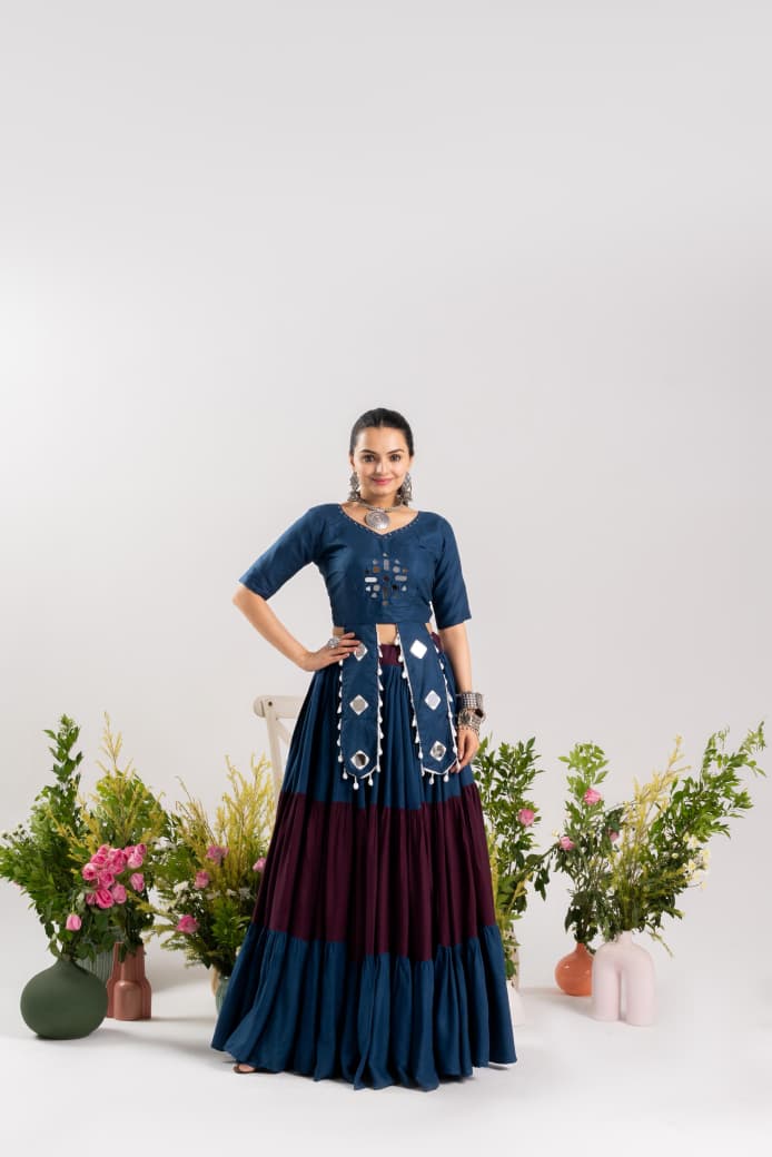 Pure Rayon Cotton Navratri Lehenga Choli With Real Mirror Work Adding A Touch Of Glamour