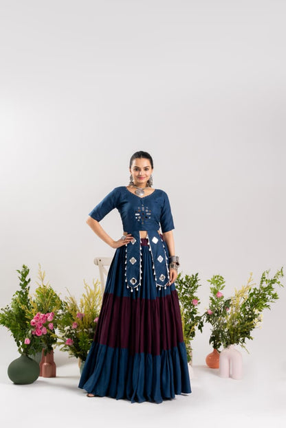 Pure Rayon Cotton Navratri Lehenga Choli With Real Mirror Work Adding A Touch Of Glamour