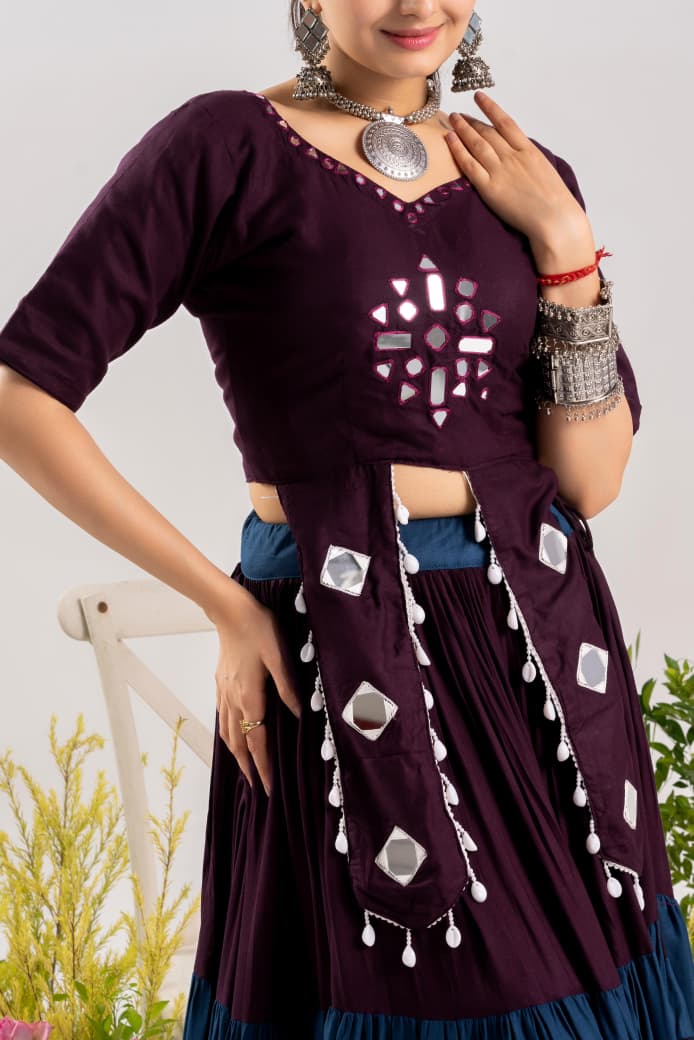 Pure Rayon Cotton Navratri Lehenga Choli With Real Mirror Work Adding A Touch Of Glamour