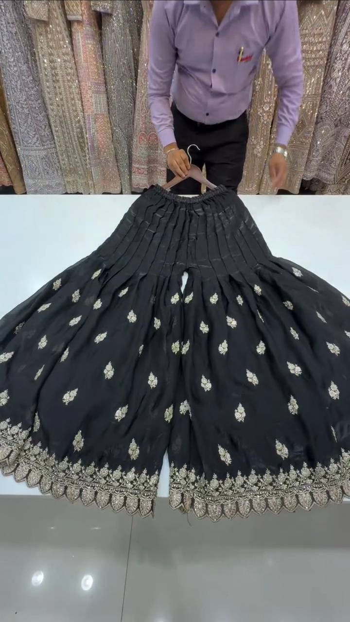 Designer And Elegance Pleated Palazzo Suit In Three Piece With Embroidery Work