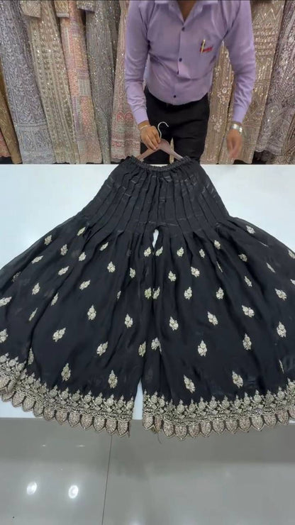 Designer And Elegance Pleated Palazzo Suit In Three Piece With Embroidery Work