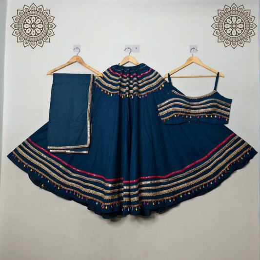 Cotton Base Skirt With Kampi Border And Multi Work Combination Chaniya Choli