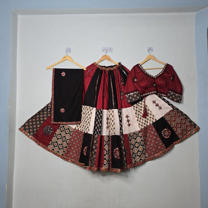 Pure South Cotton Fabric Base Skirt With Kampi Border And Multi Work Combination Chaniya Choli