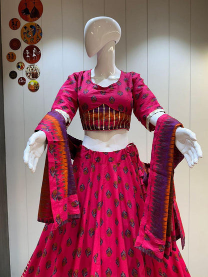 Camric Cotton Work Chaniya Choli For Navratri Patola Lehenga Festival Outfit Gamthi Work Garba Night