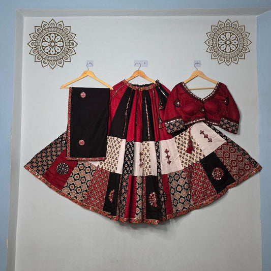 Pure South Cotton Fabric Base Skirt With Kampi Border And Multi Work Combination Chaniya Choli