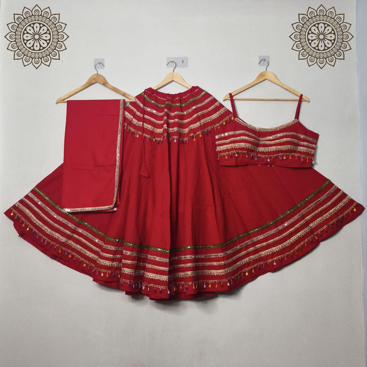 Cotton Base Skirt With Kampi Border And Multi Work Combination Chaniya Choli