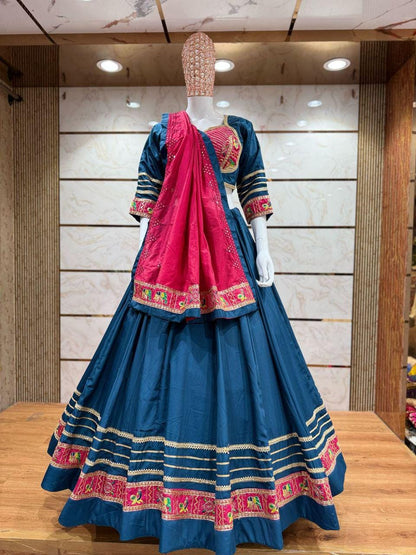 Rasgulla Fabric Cotton Base Skirt With Kampi Border And Multi Work Combination Chaniya Choli