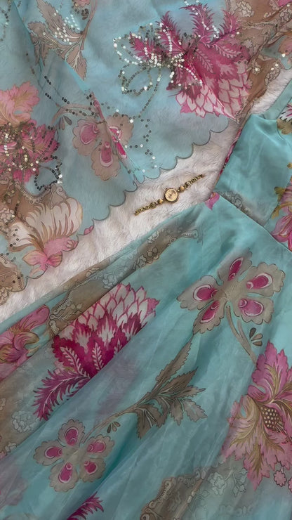 Pure Jimmy Organza Silk Digital Printed Padded Anarkali With Mirror Work On Neck