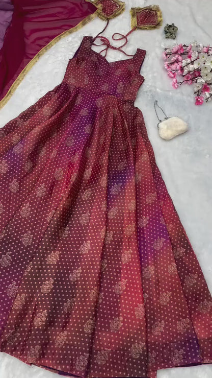 Pure Jimmy Organza Silk Digital Printed Padded Gown With 54+ Gown Length 8 Mtr Flair Outfit