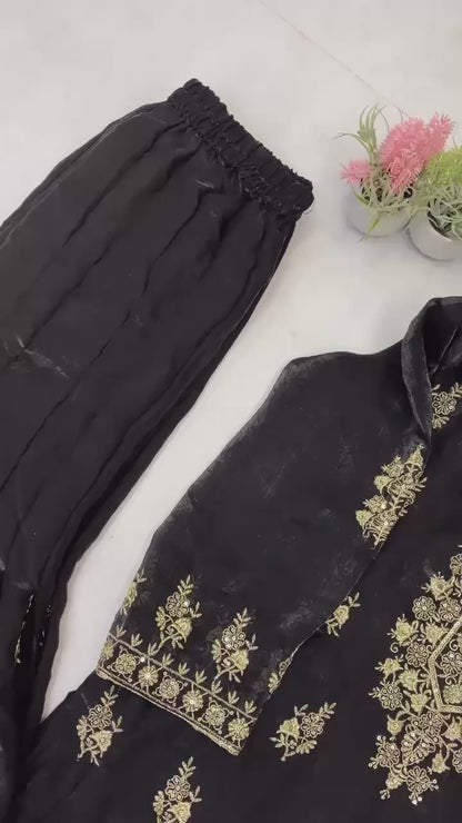 Designer And Elegance Pleated Palazzo Suit In Three Piece With Embroidery Work