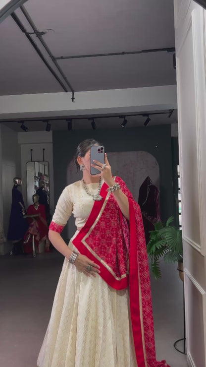 Cotton Zigzag And Bandhej Print With Sequins Lace Touch Up Chaniya Choli Patola Lehenga